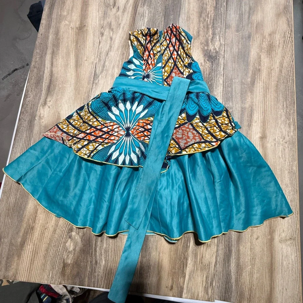 Handmade Toddler Girls African Print Tiered Party Dress Size 3T Teal Boho Bow